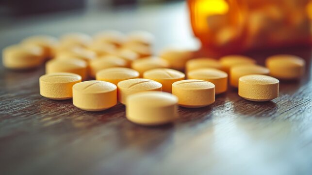 A collection of yellow pills scattered across a wooden surface, with an orange pill bottle in the background, suitable for medical, pharmaceutical, and healthcare topics,