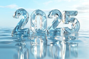 Crystalline 2025 year numbers floating in water