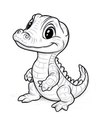 Fototapeta premium A charming black-and-white sketch of a baby dinosaur with large, expressive eyes and a playful smile ideal for children's coloring books, educational materials, and playful design themes,