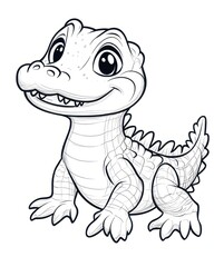 Obraz premium A cute, smiling cartoon alligator colored black and white line drawing, perfect for kids' coloring books, educational materials, or animal-themed products