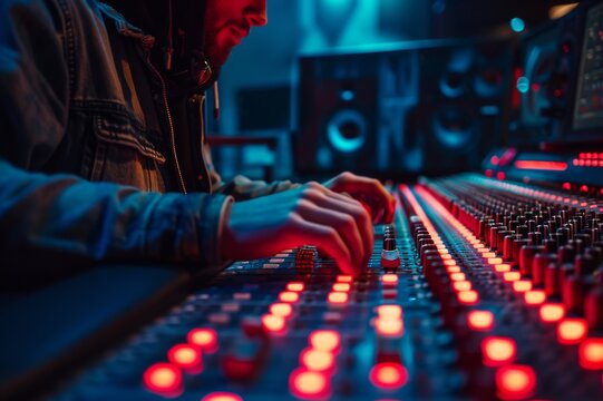 A close-up of a music producer adjusting sound levels on a vibrant mixing console in a studio with colorful lights.
