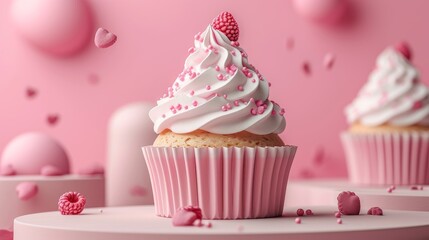 Delicious cupcake with pink frosting and raspberry topping, set against a soft pink background, ideal for dessert lovers.