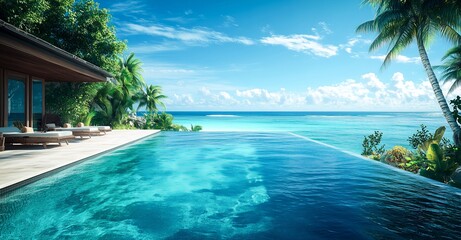 Obraz premium A luxurious infinity pool overlooking a pristine beach and turquoise ocean, surrounded by swaying palm trees and a modern villa.