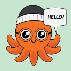 Adorable octopus with glasses and a beanie holding a 