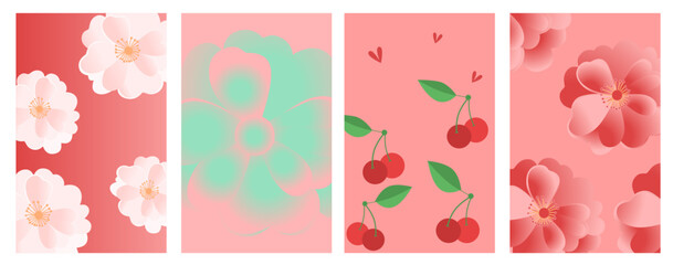 set of four postcards features floral and cherry designs in a soft pink and red background. Each postcard showcases delicate flowers and fresh cherries. Wallpapers and greeting cards. 