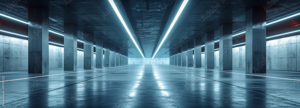 Fototapete futuristic corridor with glowing lights and sleek surfaces, perfect for showcasing modern architectu