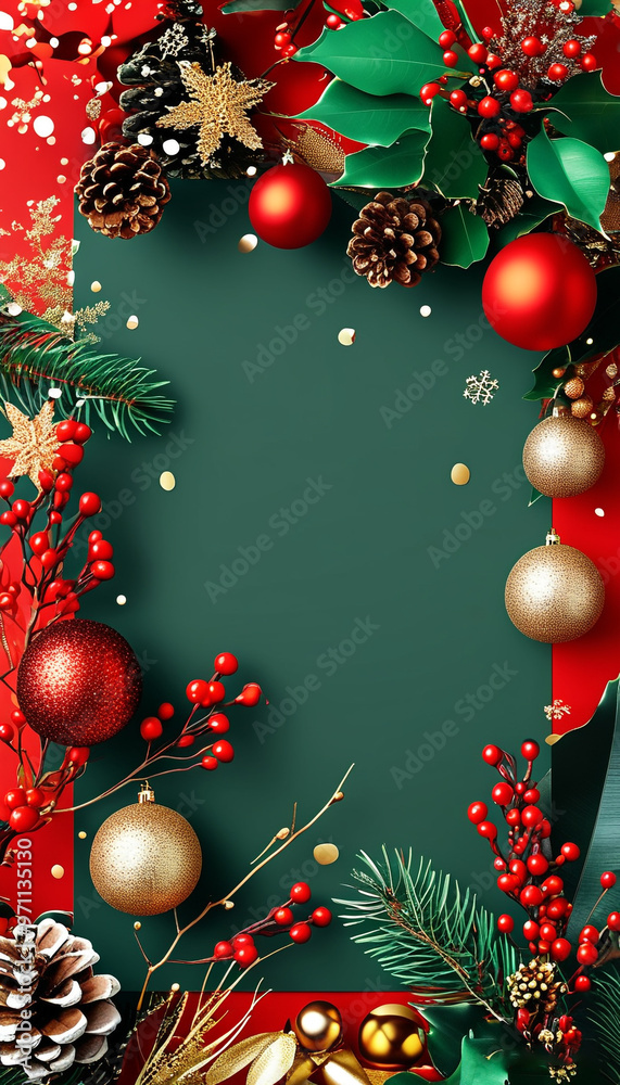 Canvas Prints a frame with christmas decorations on it and a green background