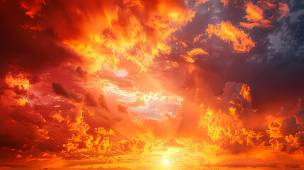 Naklejka premium Orange-red coloured cloudy sky after sunset, cloud formation, evening sky, sunset,photostock style
