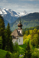 Spring views of Bavaria with Alpes on the background captured in spring.