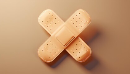 A close-up view of two beige bandages crossing each other on a soft, neutral background, symbolizing care and healing.