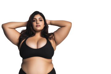 Obraz premium Young Overweighted Arab Woman Striking A Pose With Arms Behind Her Head, Transparent Background, In A Black Two-piece Outfit