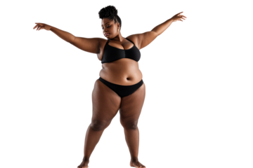 Young Overweighted Black Woman Striking A Pose With Outstretched Arms, Transparent Background, In A Black Two-piece Outfit