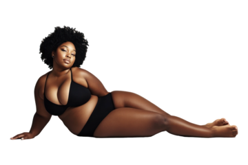 Young Overweighted Black Woman Lounging On The Floor, Transparent Background, In A Black Two-piece Outfit