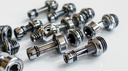 Shiny metal fasteners lying on white surface