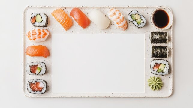 Minimalist Japanese sushi bar menu with clean lines and ample blank sections for text, Japanese Restaurant Menu Templates, Modern and sleek