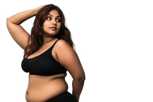 Young Overweighted Indian Woman Looking Back, Transparent Background, In A Black Two-piece Outfit