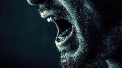 Obraz premium Close-up of a person passionately yelling in a dark setting, capturing raw emotion and intensity in their expression.