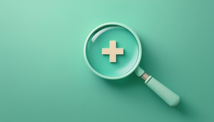 Obraz premium A magnifying glass over a medical cross symbol, representing health, search, or insurance concepts on a teal background.