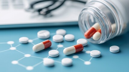 Pill and Stethoscope:  A close-up of red and white pills spilling from a glass bottle onto a blue surface with a stethoscope and white pills scattered nearby.