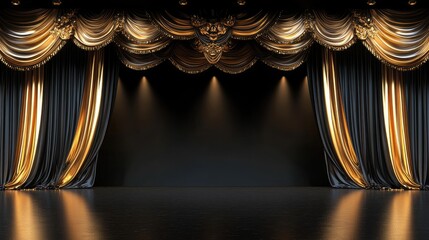Black and gold curtains with a stage backdrop. Perfect for adding a touch of elegance and grandeur to your design projects.