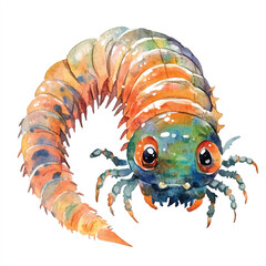 cute Centipede watercolor clipart illustration isolated