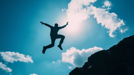 Skybound Ambition: Man Jumping Over a Cliff with Blue Sky Backdrop