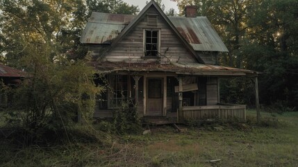 Abandoned house surrounded by overgrown vegetation and trees, showcasing decay and the passage of time The eerie atmosphere evokes nostalgia and mystery