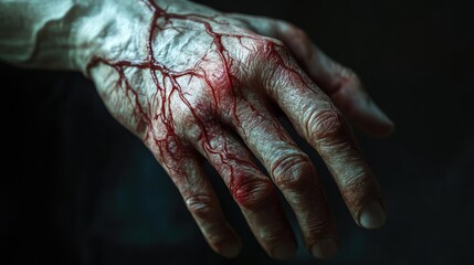 Fototapeta premium A close-up of an aged hand with visible veins and a dramatic, artistic representation of texture and color, evoking deep emotion.