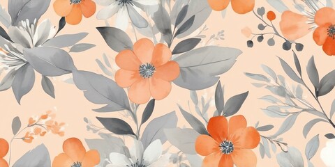pretty gray theme flowers on pastel orange background, concept for banner, watercolor style