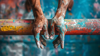 Hands of a gymnast with chalk on uneven bars.