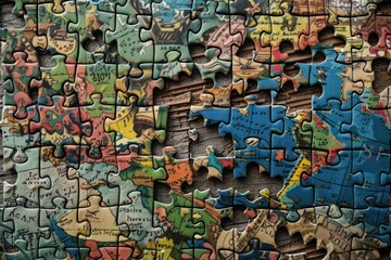 Naklejka premium Colorful puzzle forming a vintage world map, representing the concept of problem solving