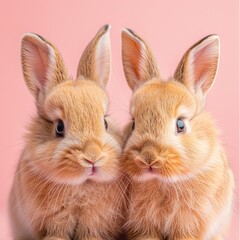 Obraz premium Two adorable rabbits posing for the camera in front of a beautiful pastel colored wall backdrop