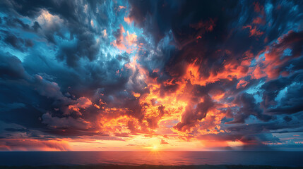 Fototapeta premium Wide panoramic view of the sunset sky with dark clouds