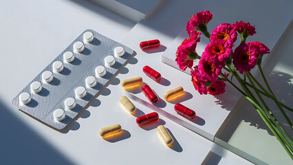 Birth control pills concept with red and white round hormone tablets in blister pack pink flower on white background
