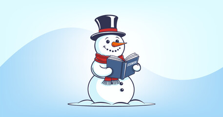 Vector cartoon cute classic new year festive smiling smart kind snowman in hat and red scarf reading fairy blue book. Christmas mood.