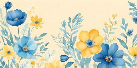 pretty blue theme flowers on pastel yellow background, concept for banner, watercolor style