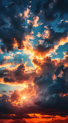 Wide panoramic view of the sunset sky with dark clouds