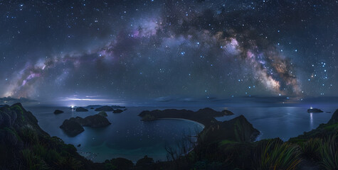 Snow-capped mountains and lakes under the Milky Way stars