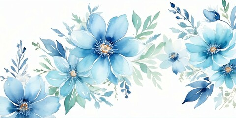 pretty blue theme flowers on pastel white background, concept for banner, watercolor style