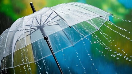 Close-up of a transparent umbrella with water droplets on its surface during rainfall. The black handle and frame are visible, with a blurred green and blue background highlighting the texture of the 