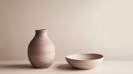 A simple ceramic vase and bowl on a minimalist surface, emphasizing natural textures.