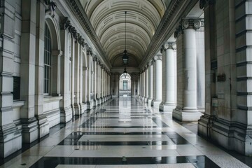 Empty corridor with columns and checkered floor leading to entrance of historic building - Powered by Adobe