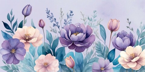 pretty blue theme flowers on pastel purple background, concept for banner, watercolor style