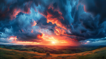 Fototapeta premium Wide panoramic view of the sunset sky with dark clouds