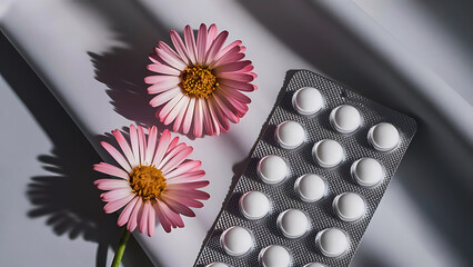 Birth control pills concept with red and white round hormone tablets in blister pack pink flower on white background