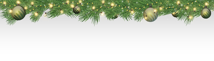Christmas fir branches with bright lights of festive garlands and Christmas toys. New Year festive design on a light background. Vector