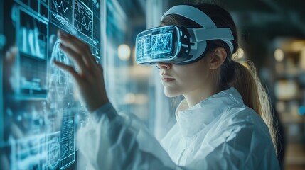 Virtual reality female bioengineer intern medical and WHO healthcare worker wearing VR glasses gear on her head and hands with digital overlay screen