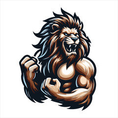 Vector of Fierce Lion Mascot Flexing Muscles in Bold Pose mascot Art
