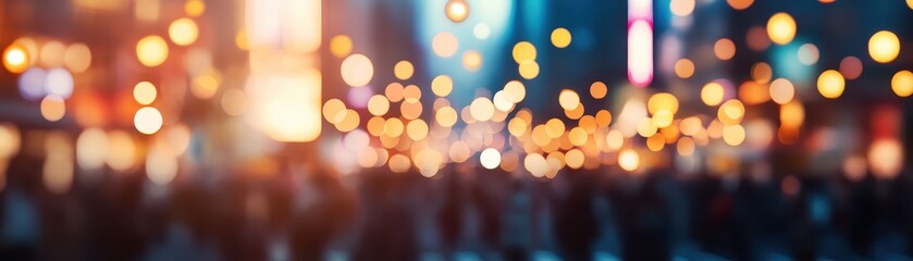 A blurred city scene filled with colorful lights, capturing the vibrant atmosphere of urban nightlife and dynamic movement.