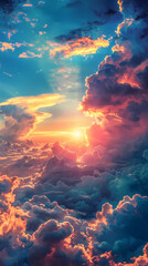 Wide panoramic view of the sunset sky with dark clouds